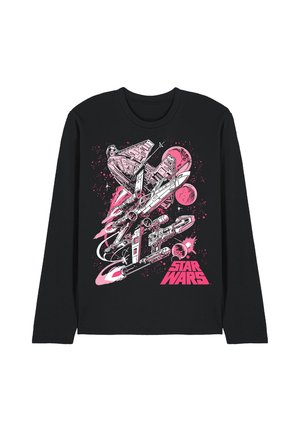Black long-sleeve shirt featuring pink and white Star Wars spacecraft, planets, and the Star Wars logo on the front center.