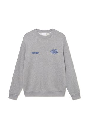 Gray sweatshirt with a crew neck, ribbed cuffs, and hem. Features blue embroidered logos on the chest and left sleeve.