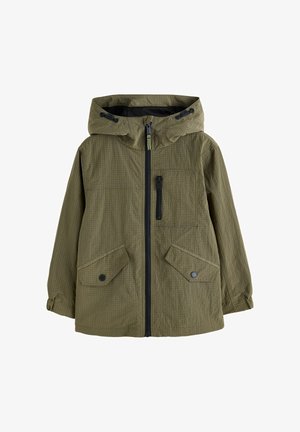 Červenozelená bunda s kapucňou, predným zipsom, zipsovou vreckou na hrudníku, dvoma vreckami so sklápacou chlopňou a patentkami a nastaviteľnými remienkami na zápästí.