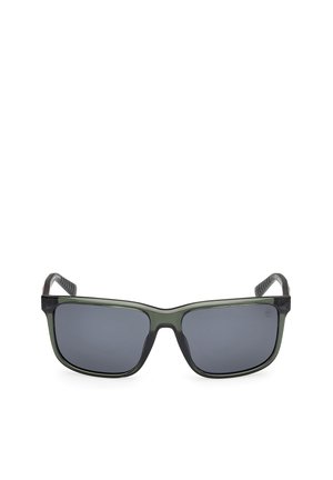 Rechteckige Sonnenbrille mit dunkelgrauen Gläsern, einem Rahmen aus schwarzem und olivgrünem Kunststoff, strukturierten Bügeln und einem schlanken Design.
