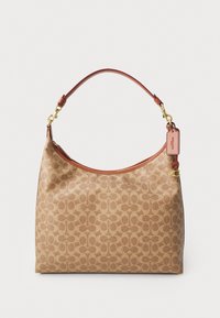 Borsa a mano color tan con un motivo circolare ripetuto, rifiniture in pelle, una sola tracolla e un'etichetta staccabile con logo attaccata. Finiture in oro.