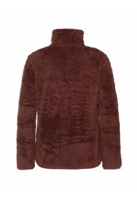 Pullover in pile marrone, con colletto alto, maniche lunghe e una texture morbida. Motivo shaggy uniforme su tutta la stoffa.