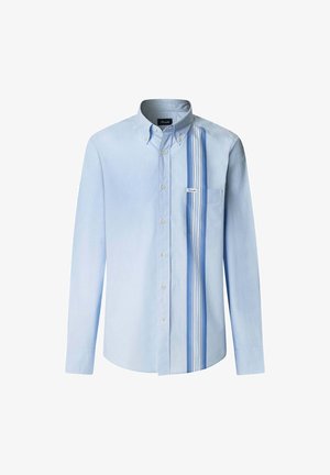 Light blue long-sleeve shirt with button-down collar, featuring a vertical striped design in darker blue and a chest pocket.
