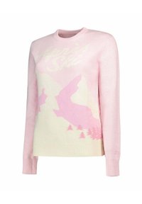 Pull tricoté rose et crème à manches longues, avec motifs de montagnes et d'arbres. Col rond avec finition texturée.
