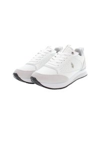 White sneaker with a combination of leather and suede, perforated sides, flat laces, a padded tongue, and a black rubber sole.