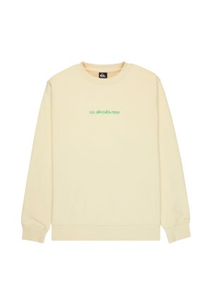 Sudadera color crema hecha de tela suave, con cuello redondo y puños acanalados. Decorada con un logo verde "Quiksilver" en el frente.