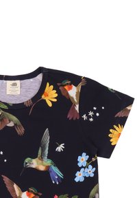 Dark blue short-sleeve t-shirt featuring a vibrant hummingbird and flower pattern. Made of soft cotton blend, with a round neck and smooth texture.