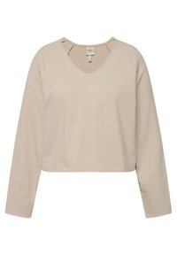 Beige cropped lange mouw top met een V-hals en raglan mouwen. Zachte, gestructureerde stof met subtiele stiksels bij de halslijn.