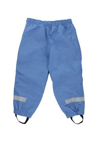 Jasnoniebieskie wodoodporne spodnie z elastycznym paskiem w talii, srebrnymi odblaskowymi paskami oraz regulowanymi mankietami na kostkach. Gładka faktura, casualowy design.