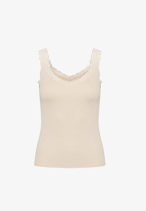 Top in beige con dettagli in pizzo lungo il collo e le spalline; texture morbida a coste; forma aderente, design senza maniche.
