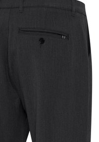 Dark gray trousers featuring a slim design with a rear pocket having a button closure and a horizontal striped detail inside.