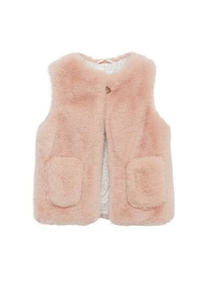 Miękka, jasnoróżowa kamizelka z futerka ekologicznego bez rękawów, z dwoma przednimi kieszeniami i małym zapięciem na guziki przy dekolcie.