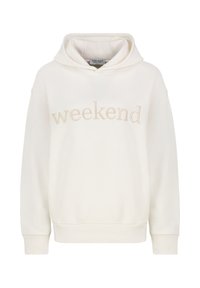 Witte hoodie met "weekend" geborduurd in beige. Zachte stof, relaxte pasvorm, elastische manchetten en onderrand. Geen zichtbare patronen of accenten.