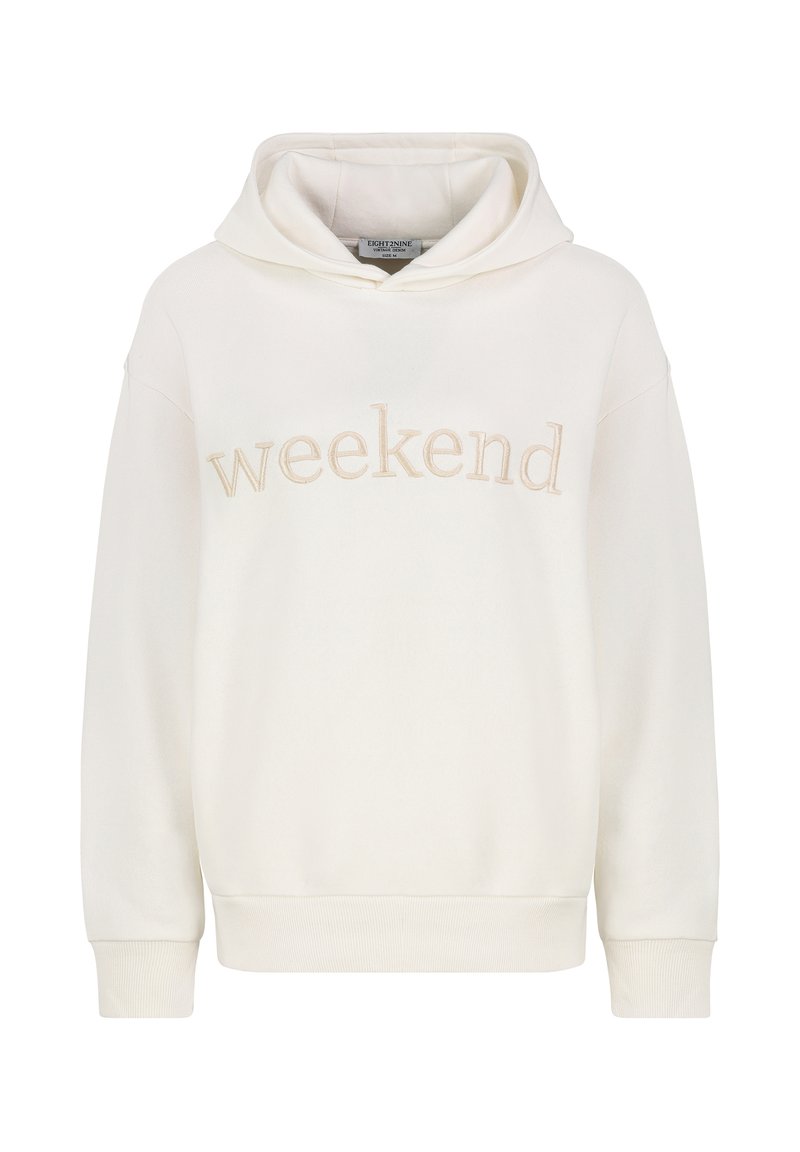 Witte hoodie met "weekend" geborduurd in beige. Zachte stof, relaxte pasvorm, elastische manchetten en onderrand. Geen zichtbare patronen of accenten.
