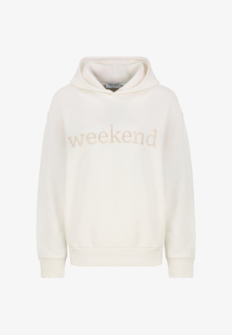 Witte hoodie met "weekend" geborduurd in beige. Zachte stof, relaxte pasvorm, elastische manchetten en onderrand. Geen zichtbare patronen of accenten.