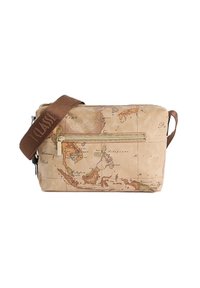 Borsa a tracolla rettangolare beige stampata con una mappa del mondo vintage, dotata di una tasca frontale con zip e di una ampia tracolla marrone con branding in rilievo.