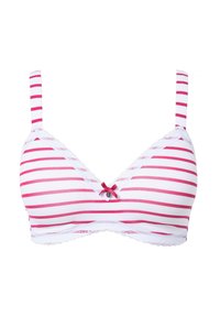 Gestreepte witte en roze bh met kantafwerking, zachte cups, verstelbare bandjes en een kleine strik met een decoratieve accent in het midden.