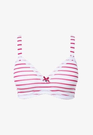 Soutien-gorge blanc et rose à rayures avec bordure en dentelle, bonnets souples, bretelles réglables et un petit nœud avec un accent décoratif au centre.