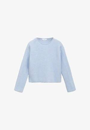 Lichtblauwe gebreide lange mouw crewneck trui met een iets cropped pasvorm en een zachte textuur.