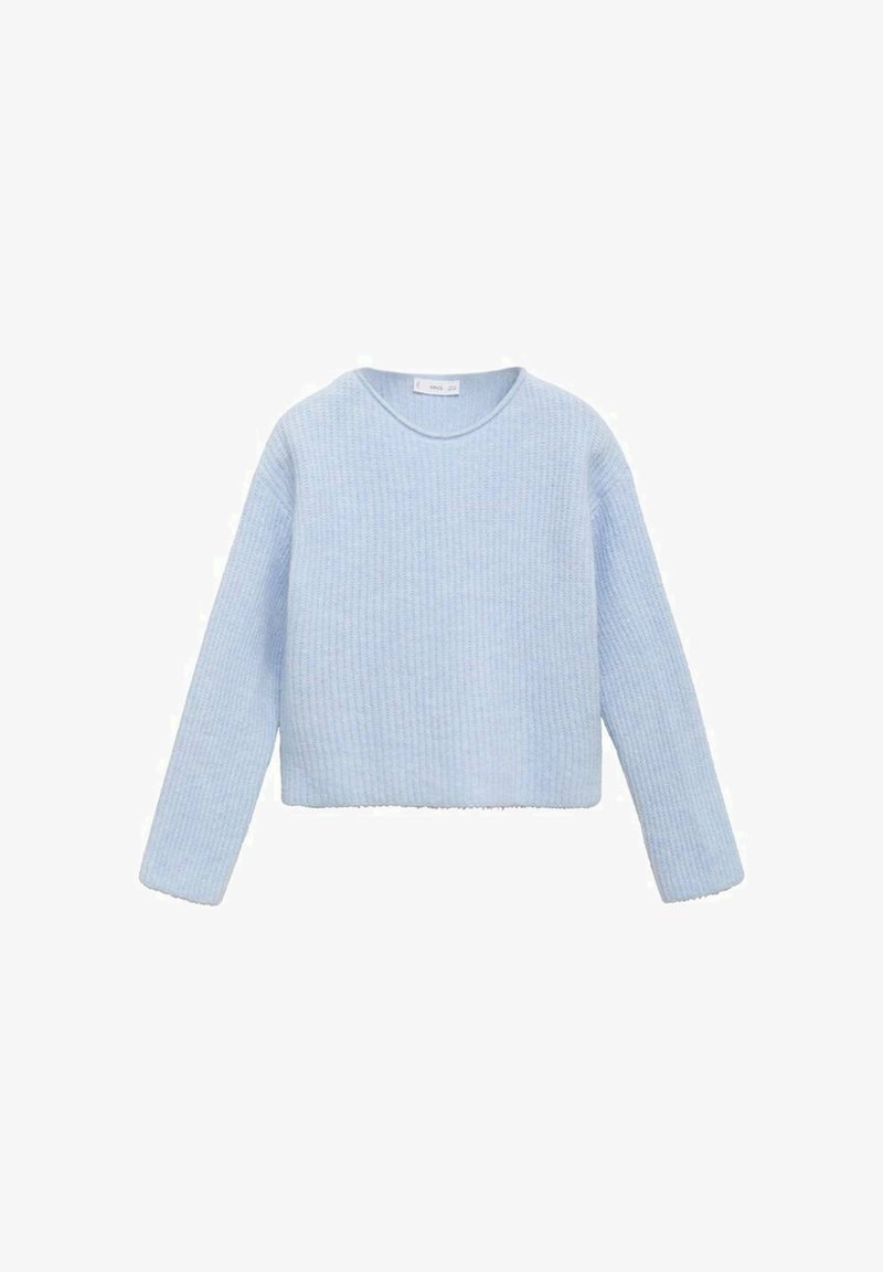 Svetlo modri pleteni pulover z dolgimi rokavi in okroglim izrezom, s nekoliko skrajšanim krojem in mehko teksturirano tkanino.