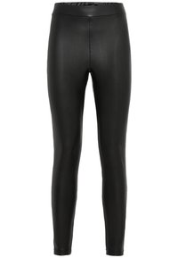 Svarta fake läder leggings med en slät textur, hög midja och smala ben, med en glänsande yta utan synliga sömmar.