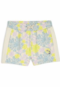 Shorts Puma con un motivo floreale nei toni del blu, giallo e viola. Presentano una vita elastica con coulisse e tasche laterali.