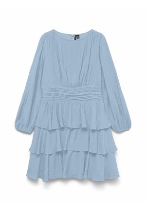 Vaaleansininen, pitkähihainen mekko, jossa on kerroksellinen muotoilu, pehmeä rakenne ja kootun vyötärön avainreikäselkä.