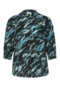 Blusa nera con un motivo astratto verde e blu, chiusura con bottoni e colletto arricciato. Presenta maniche a palloncino di lunghezza tre quarti.