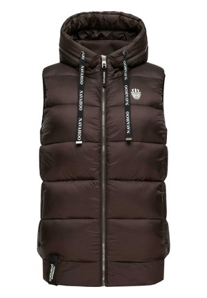 Bruine puffer vest met een capuchon, voorrits en logo-detail. Beschikt over horizontale stiksels en trekkoordaccenten op de capuchon.
