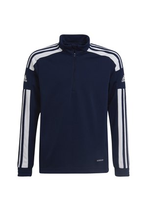 Marineblaues Langarm-Pullover mit weißen Schulterstreifen, Reißverschluss am Hals und AEROREADY-Branding am Saum. Aus glattem Material gefertigt.