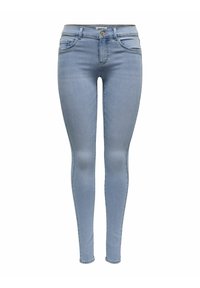 Svetle modré skinny džíny vyrobené z denimu, s klasickým pětiokrovým designem, zapínáním na knoflík vpředu a hladkým povrchem s minimálním vyblednutím.