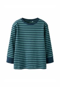 Długi rękaw, prążkowana koszulka w poziome ciemnozielone i jasnoniebieskie paski z ciemnozielonymi mankietami i dekoltem.