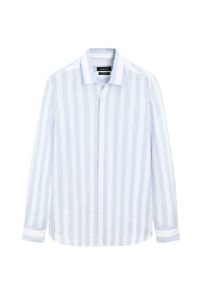 Camicia a maniche lunghe a righe blu chiaro realizzata in lino. Presenta una chiusura frontale con bottoni, colletto a punta e polsini bianchi a contrasto.