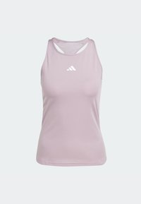 Top da palestra di colore viola chiaro con scollo rotondo, design con schiena scoperta e logo Adidas bianco sul davanti. Realizzato in tessuto liscio e elasticizzato.