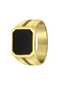 Gouden ring met een grote zwarte octagonale steen in het midden, met subtiele groeven en accenten aan de zijkant voor extra detail.