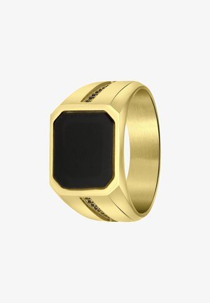 Gouden ring met een grote zwarte octagonale steen in het midden, met subtiele groeven en accenten aan de zijkant voor extra detail.