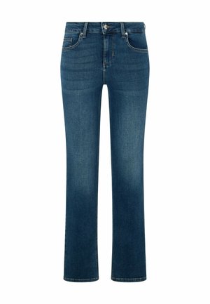 Blauwe spijkerbroek met rechte pijpen, voorsluiting met knopen en zakken, weergegeven tegen een witte achtergrond.