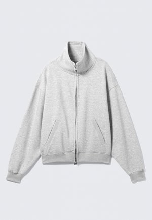 Gaiši pelēkas krāsas džemperis ar rāvējslēdzēju, augstu apkakli, sānu kabatām un ribotiem aprocēm. Izgatavots no mīksta auduma ar brīvu piegriezumu un nedaudz pārizmēru dizainu.