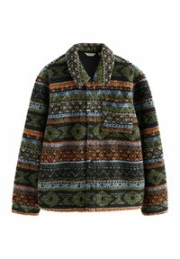 Fleece jack met een patroonontwerp in groen, oranje, blauw en zwart. Het heeft een kraag en een borstzak.