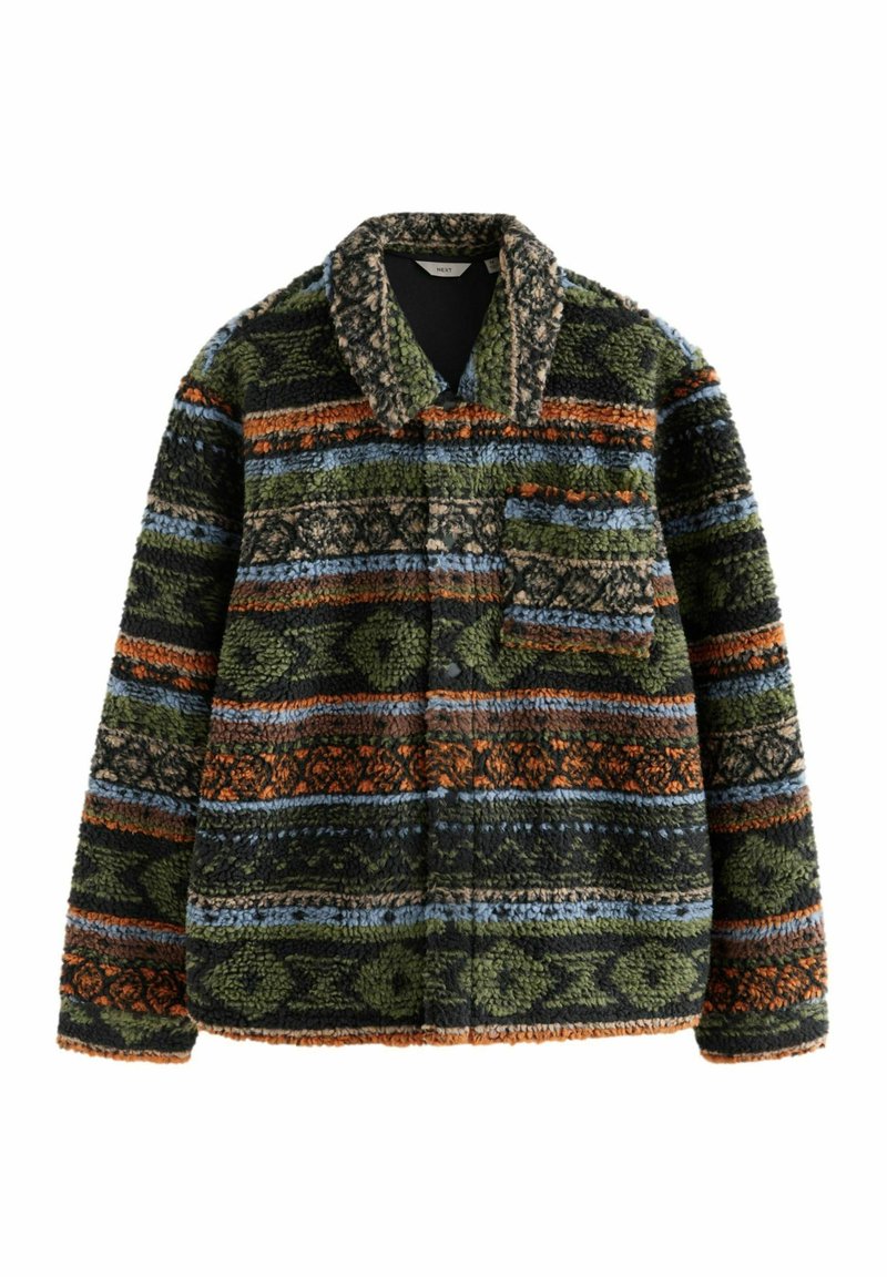 Fleece jack met een patroonontwerp in groen, oranje, blauw en zwart. Het heeft een kraag en een borstzak.