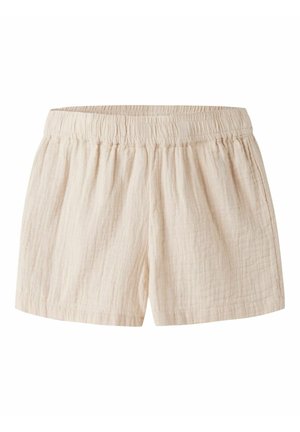 Beżowe lekkie szorty bawełniane z elastycznym pasem i subtelną fakturą materiału, zaprojektowane do noszenia na co dzień.