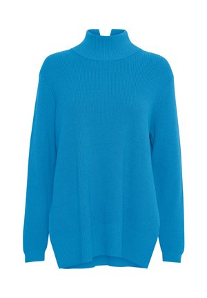 Pull col roulé turquoise avec texture côtelée, manches longues et fentes latérales. Le tissu semble doux et extensible, offrant une coupe décontractée.