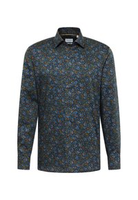 Herenoverhemd met lange mouwen, met een donkere achtergrond en een bloemenpatroon in blauwe, oranje en groene kleuren.