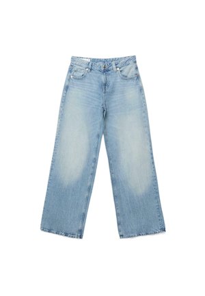 Jeans denim azzurro chiaro a gamba larga con zone scolorite sulle cosce anteriori, design a cinque tasche e chiusura con bottone in vita.