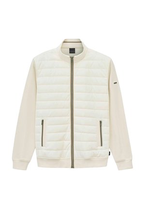 Hellcremefarbene Bomberjacke mit gestepptem Körper, glatten Ärmeln, vorderem Reißverschluss, zwei Seitentaschen sowie einem gerippten Kragen und Bündchen.