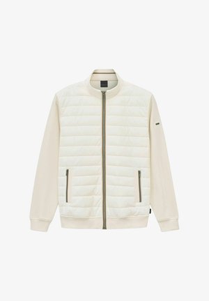 Hellcremefarbene Bomberjacke mit gestepptem Körper, glatten Ärmeln, vorderem Reißverschluss, zwei Seitentaschen sowie einem gerippten Kragen und Bündchen.
