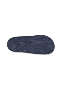 Sole di scarpa in gomma blu navy con motivo a onda, con logo del marchio e dettagli sulla taglia impressi. Texture liscia e bordi arrotondati.