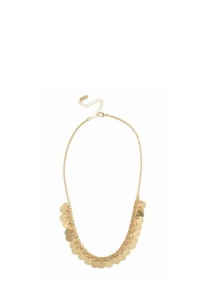 Goldkette mit mehreren runden, flachen Goldscheiben, gleichmäßig entlang der unteren Hälfte verteilt, mit verstellbarem Verschluss.
