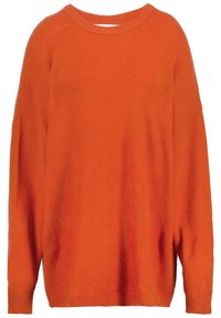 Pull orange tricoté avec un col rond, des manches larges et des poignets côtelés. Texture douce et coupe ample, sans motifs ni accents visibles.