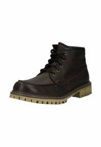 Botas de tobillo de cuero marrón con un acabado texturizado, diseño con cordones, cuello acolchado y suela de goma resistente con un relieve pronunciado.